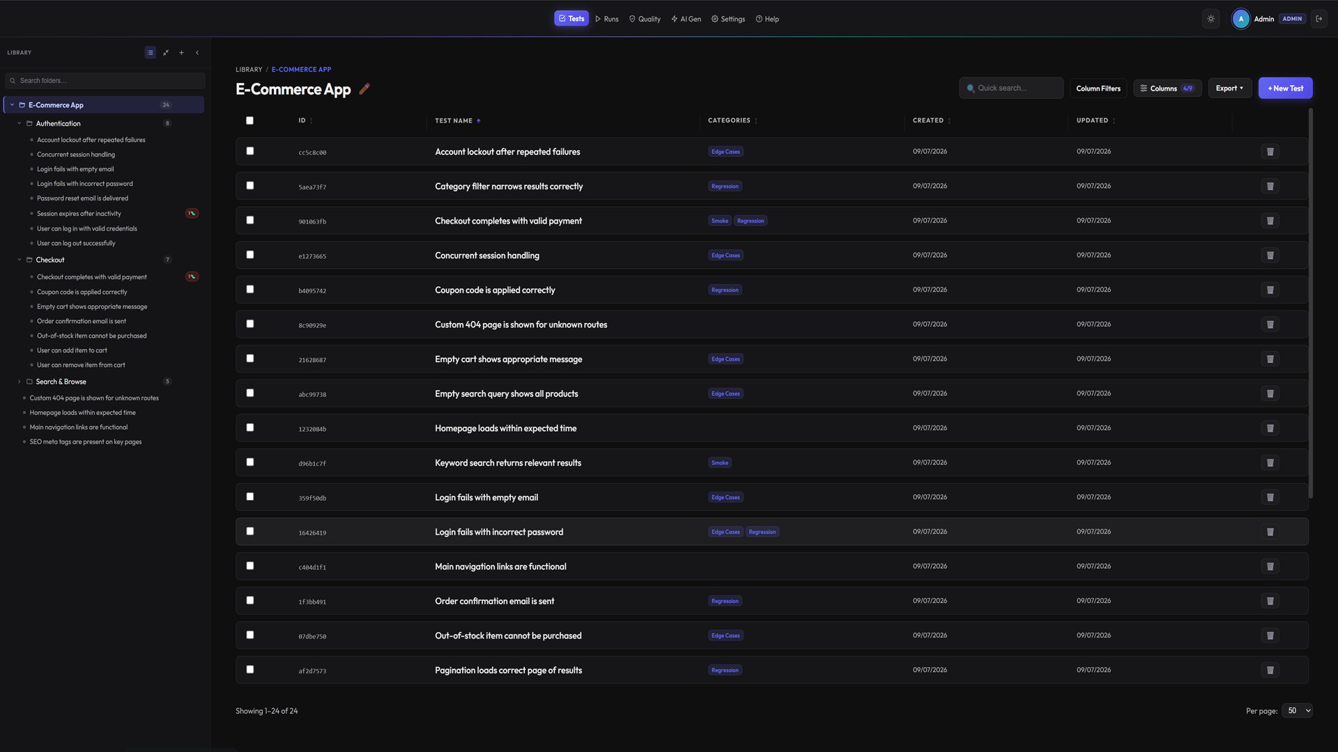 TTGO test library — hierarchical folder tree, a filterable test grid and categories