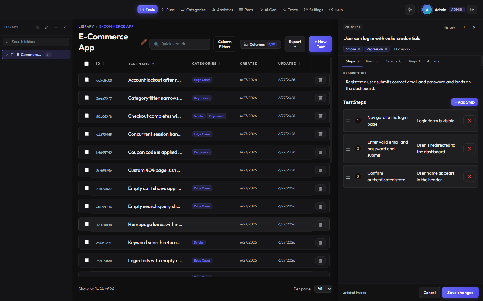 TTGO test case detail — rich-text description, ordered steps and version history