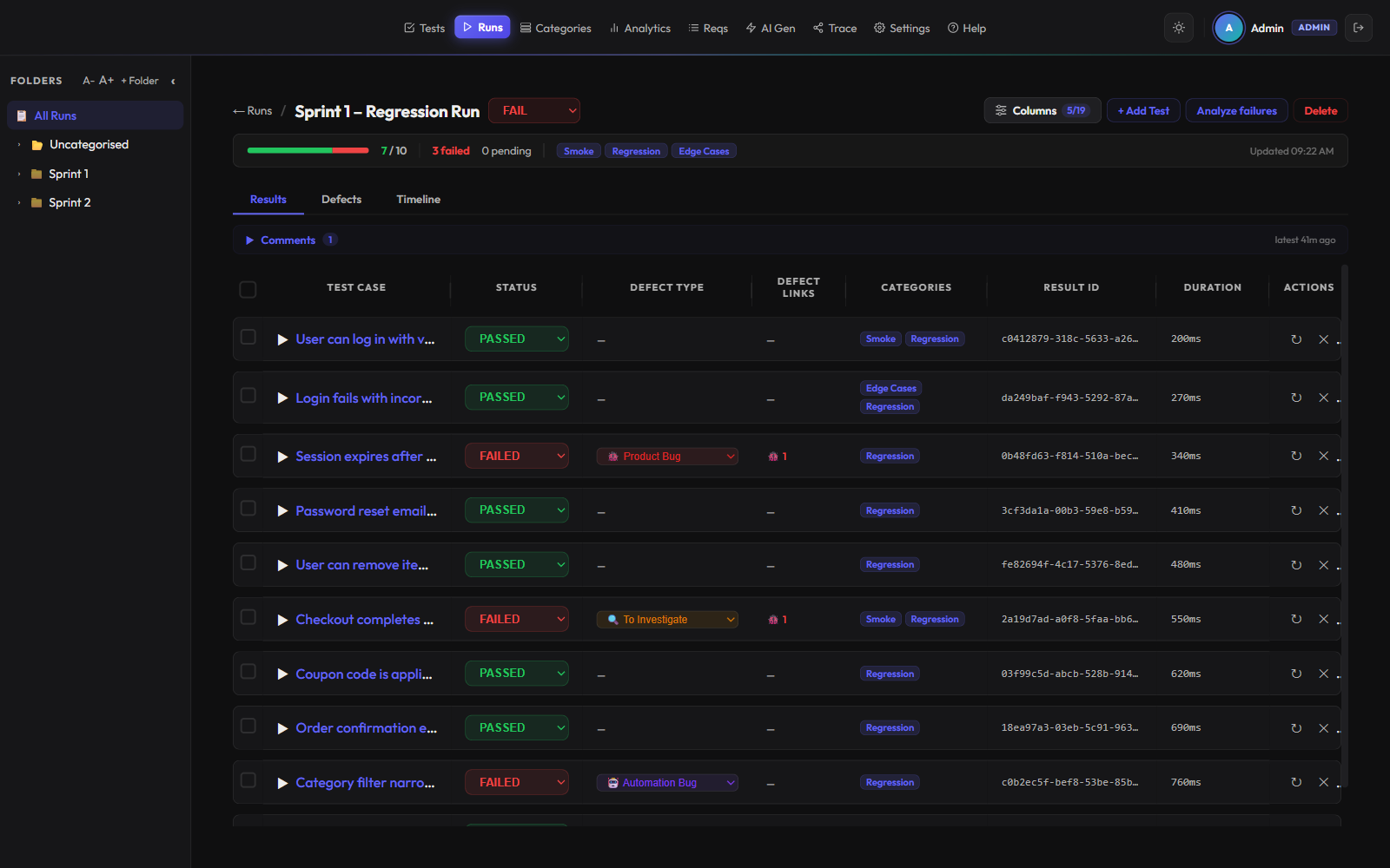 TTGO run execution — per-result pass/fail, defect classification and durations