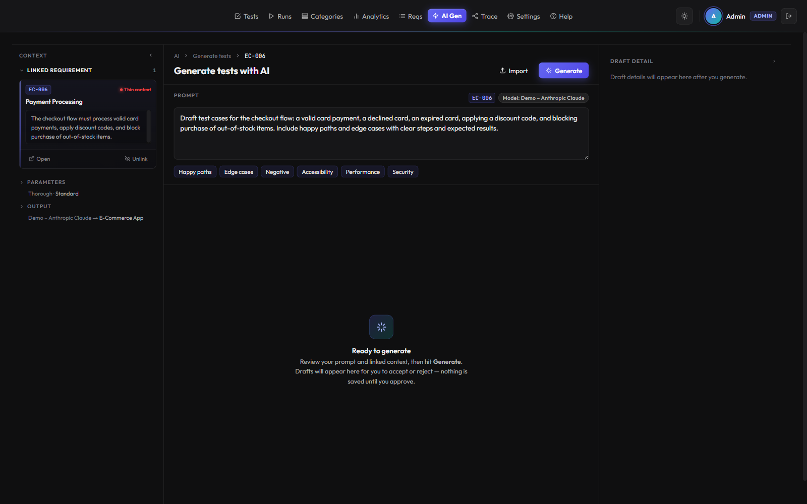 TTGO AI test generation studio — draft test cases from a requirement