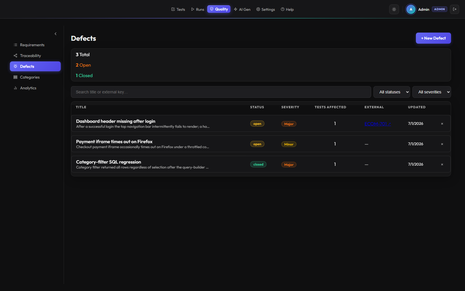 TTGO defects — native bug tracking with severity, status and an optional external reference
