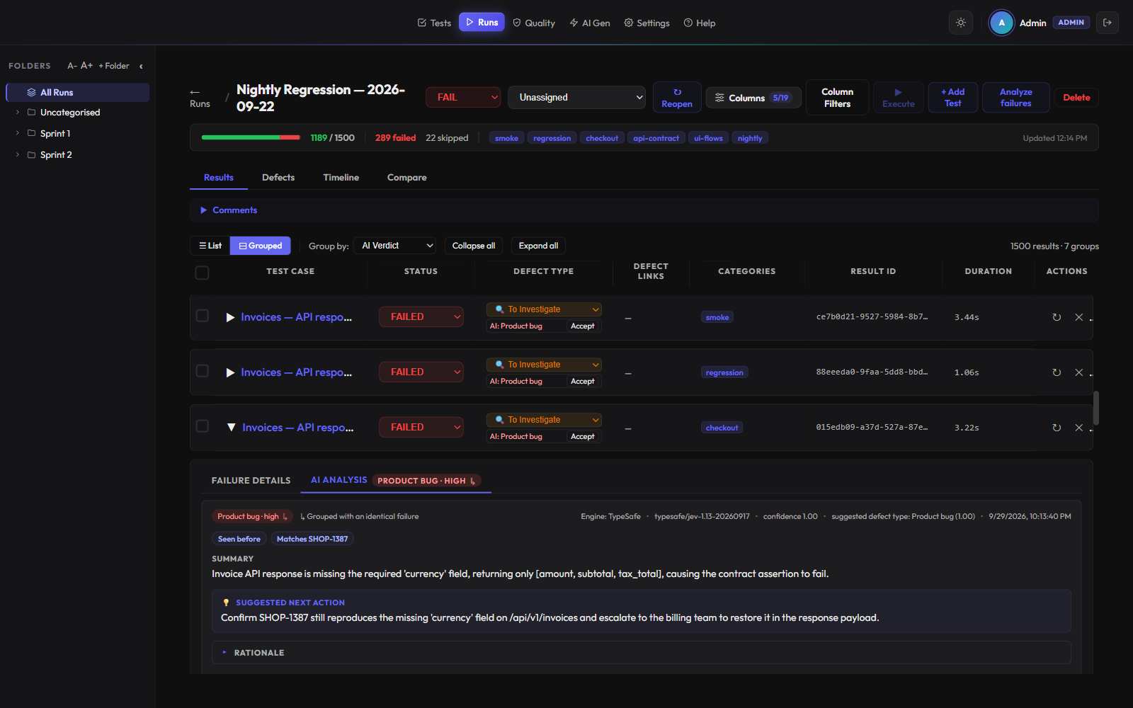 TTGO AI failure triage — a TypeSafe.ai verdict with confidence, 'Seen before' and known-defect signals, summary and next action